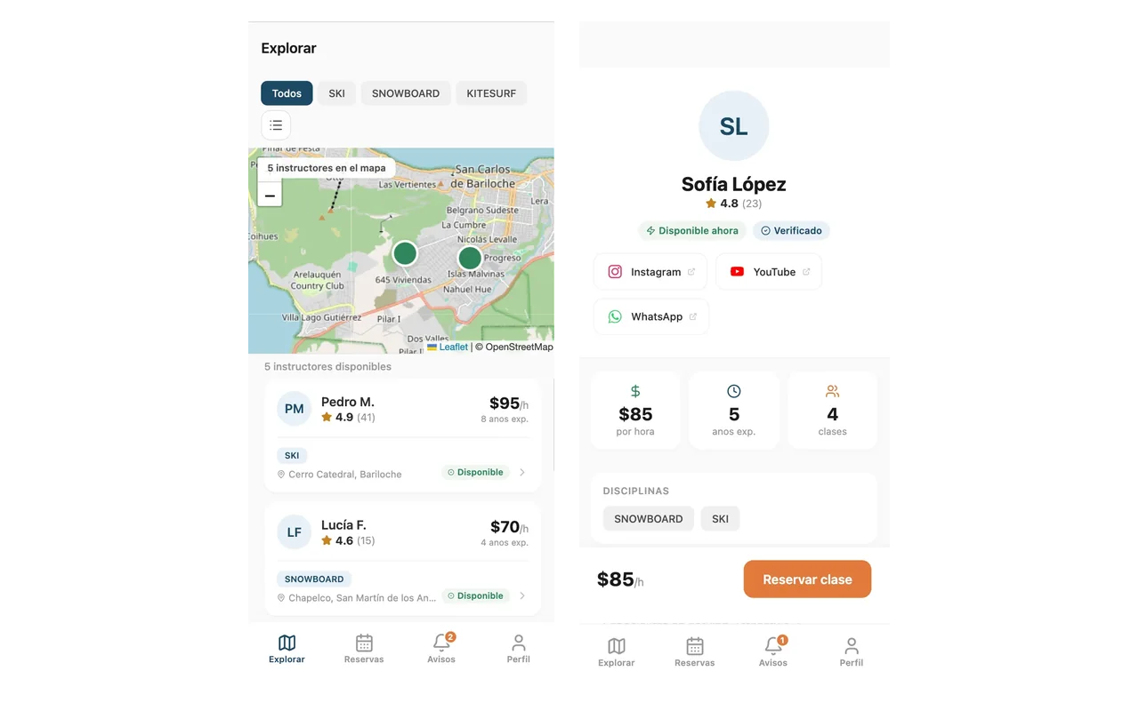 Explore map with instructors around Bariloche, beside an instructor profile showing rate, disciplines and reviews
