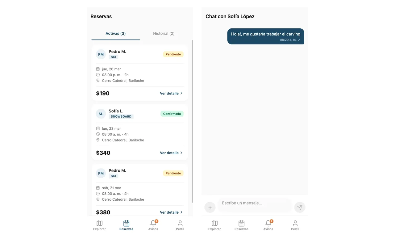 A rider’s bookings list and the chat thread with their instructor