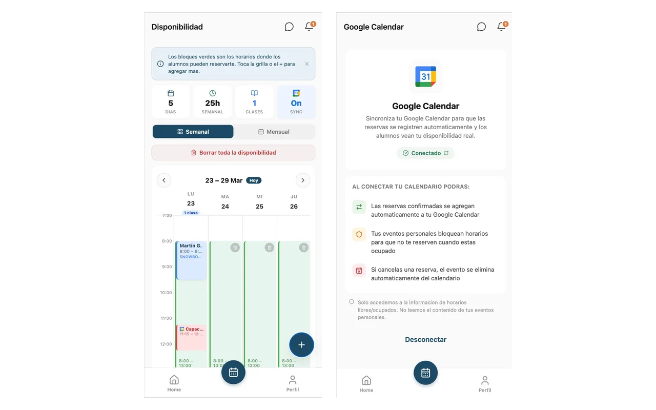 Calendar sync settings and the resulting Google Calendar entries